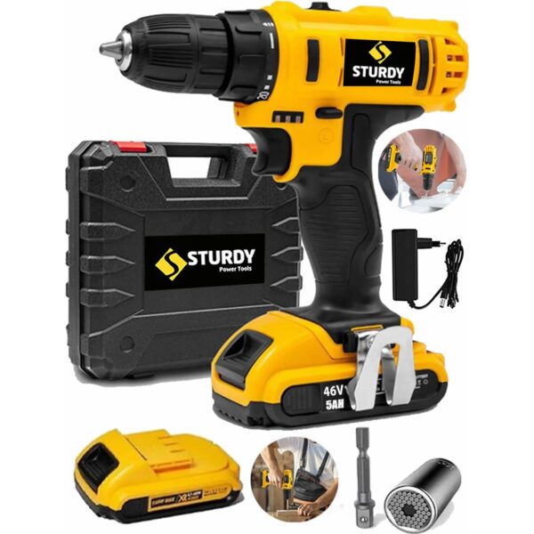 STURDY Pro Power Darbeli 46 V 5 AH Lion Çift Akülü Soketli Vidalama Matkap