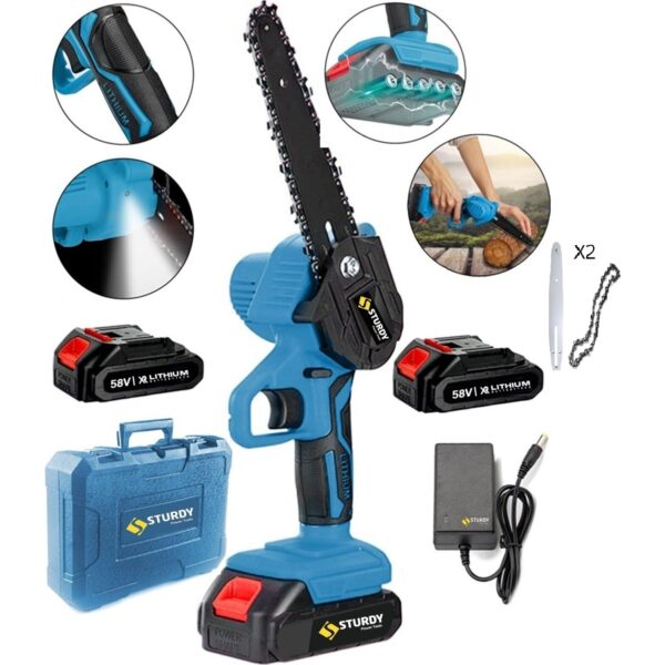 Sturdy Power Tools New Serıes 58 V 5 Ah Akülü Dal Kesme Budama Testere Bıçkı Makinası Çift Akülü Çantalı 2 Zincir ve 2 Adet Pala