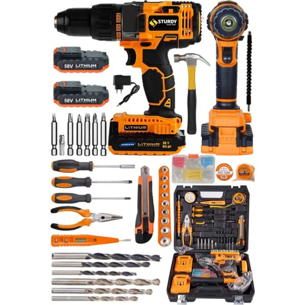 Sturdy 58 V 8 Ah Darbesiz Lion Çift Akülü Metal Şanzıman Turbo Şarjlı  100 Pcs Set Kargaburun Tornavida Lokma Setli