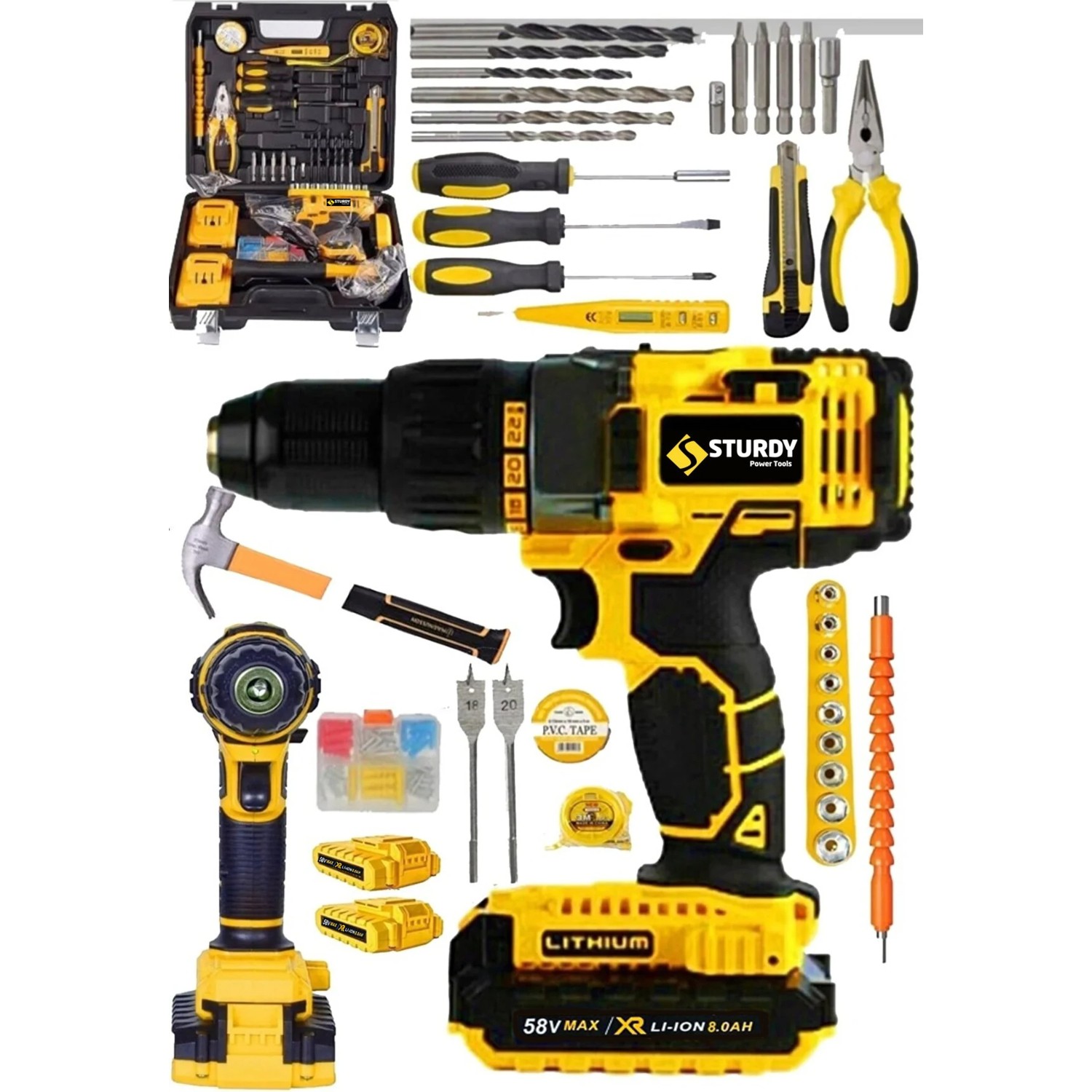 Sturdy Tuf Seri Darbeli 58 V 8 Amp Yeni Nesil Lion Akülü Vidalama Matkap 100 Pcs Combo Set Otomatik
