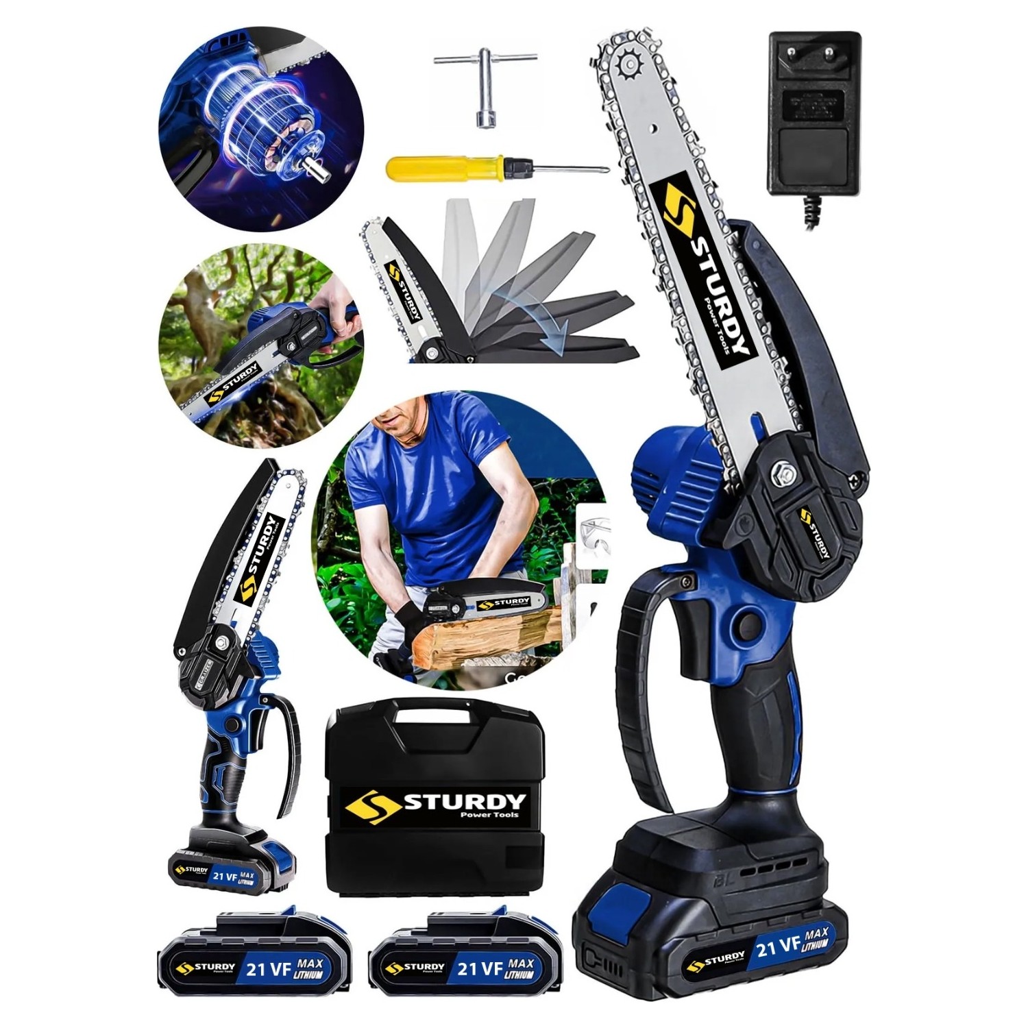 Sturdy 21 Volt Next Seri Çift Akülü Dal Budama Testeresi 2 Pala 2 Zincir