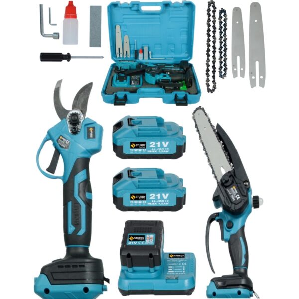 Sturdy 2'li Set 21V 1 3AH Çift Akülü Çelik Şanzıman Şarjlı Dal Budama & Testeresi Yenı Serı 15CM